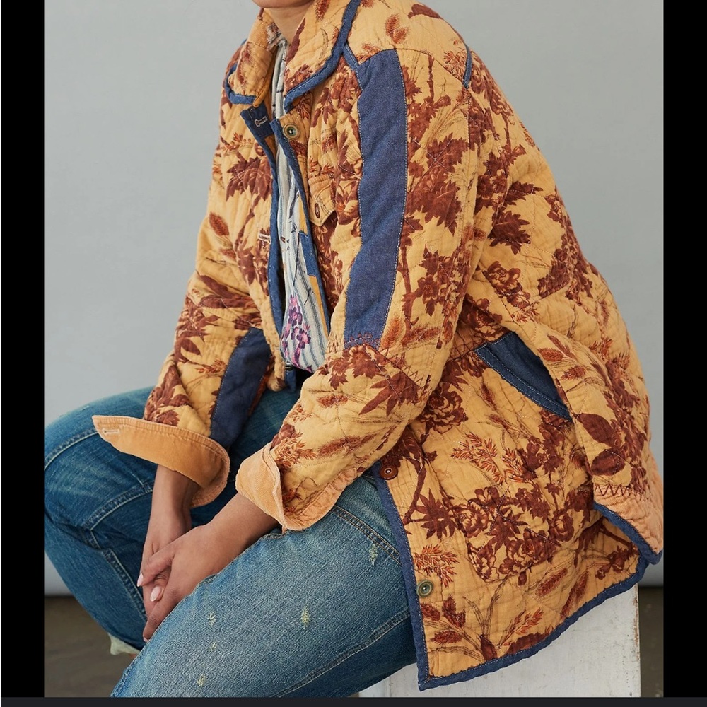 NWT Anthropologie Abigail Mustard and Denim Quilted Shirt Jacket - Picture 3 of 12